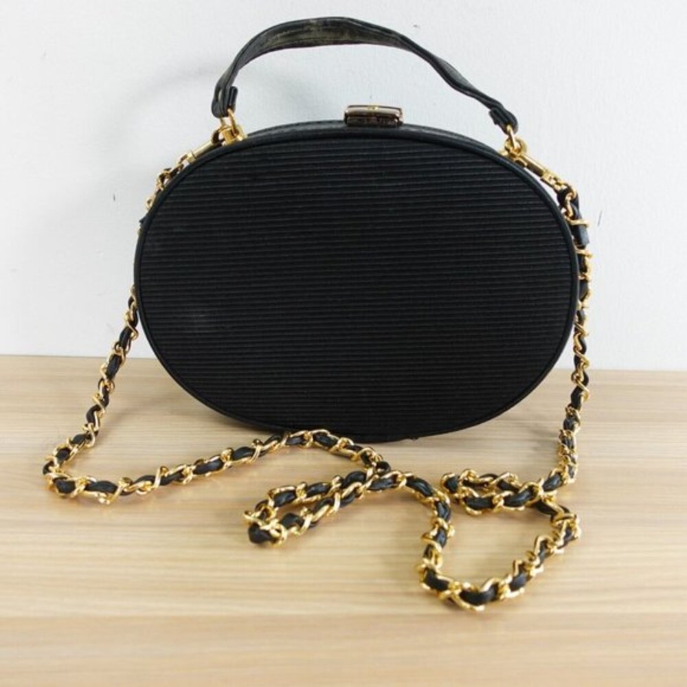 VINTAGE Black Evening Crossbody Clutch Bag Gold Chain Sling Oval Vanity Box